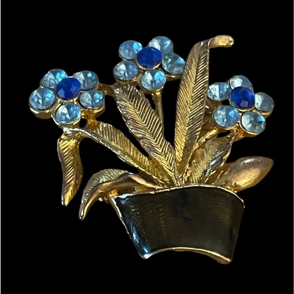 Vintage 1980’s  Brooch/Pin Blue Crystal Flowers in Black Enamel Pot Gold Platted